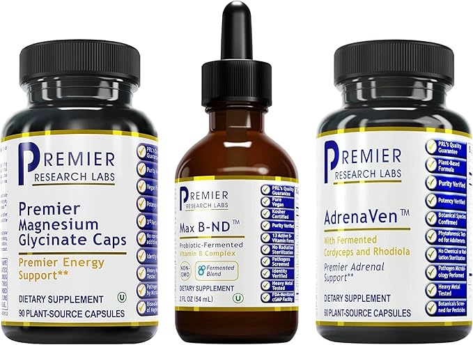 Premier Research Labs Magnesium Glycinate Max BN-D &amp AdrenaVen Supplement Bundle - Pure Magnesium Liquid Vitamin B Complex for Liver &amp Brain Health Adrenal Support for Women &amp Men - Pa