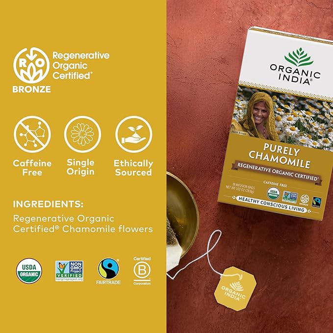 Organic India Purely Chamomile Tea - Regenerative Organic Chamomile Flowers Caffeine Free Calming &amp Relaxing Herbal Tea Natural Support for Sleep &amp Relaxation - 18 Bags Pack of 3