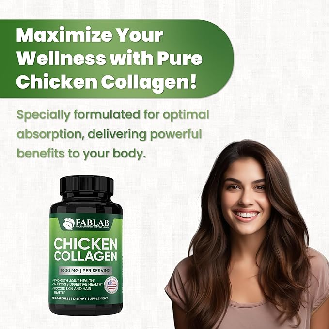 FabLab Chicken Sternum Cartilage Type II Collagen Capsules - Nutritional Supplement for Joints-1000mg per Serving - Non-GMO Anti-Aging Dietary Product with Hydrolyzed Peptides- 100 Capsules