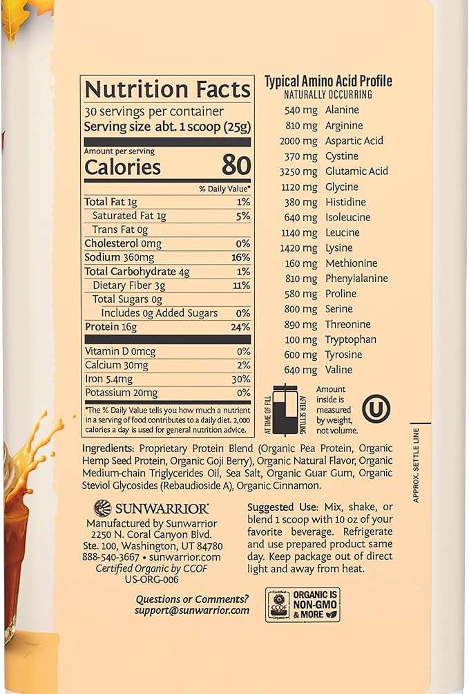 Sunwarrior Vegan Protein Powder Plant-Based USDA Organic Protein BCAA Amino Acids Hemp Seed Keto Friendly Soy Dairy Gluten &amp Synthetic Free Non-GMO Pumpkin Spice Flavored 30 Servings