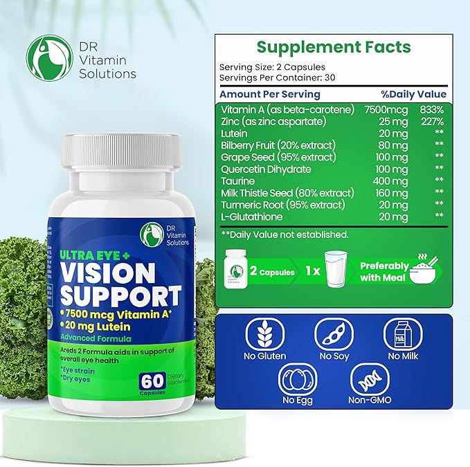 Vision Support Eye Vitamins for Macular Health | Supplements with Lutein Zinc Vitamin A &amp Bilberry | Areds 2 Formula for Red &amp Dry Eyes Sight Care (1 Bottle 60 Capsules)