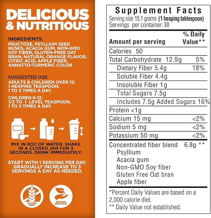 Yerba Prima Daily Fiber Formula 16 oz (Pack of 2) - Premium Dietary Fiber Supplement Non-GMO Gluten Free Made in The USA Orange Flavor