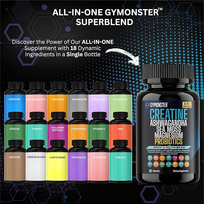 Creatine All in One Supplement Capsules – Ashwagandha – Sea Moss – Magnesium – Probiotics