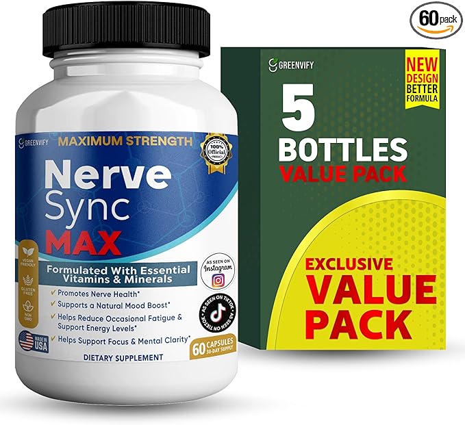 Nerve Sync MAX Supplement 60 Capsules Vegan Friendly with Essential Vitamins &amp Minerals for Nerve Health. (5)