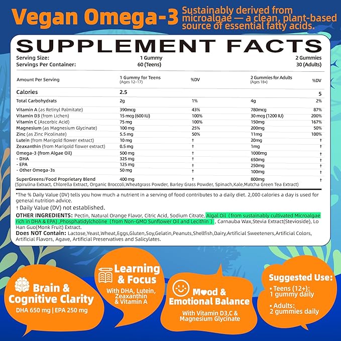 Vegan Omega-3 Gummies - 1000mg Algae Oil with 650mg DHA &amp 250mg EPA for Teens &amp Adults - Plus Vitamin D3 AC Lutein Zeaxanthin Magnesium for Eye &amp Immune Health Brain - Sugar Free No