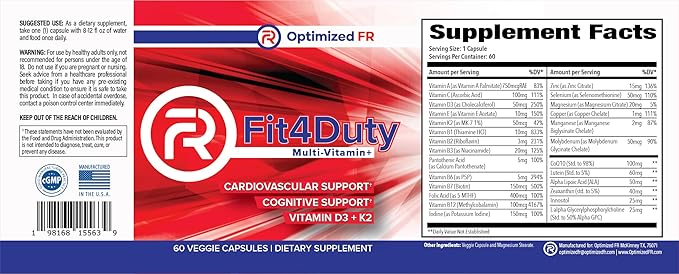Fit4Duty Multivitamin+ for First Responders One a Day Multivitamin Plus Other nutrients 60 Servings 2 Month Supply