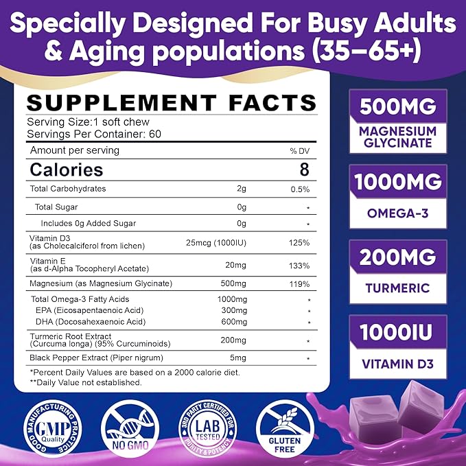 Magnesium Glycinate Gummies 500mg - Magnesium with Omega-3 Turmeric Vitamin D3 &amp E | Magnesium Glycinate Soft Chews for Adults | for Sleep Muscle &amp Brain | 60 Counts