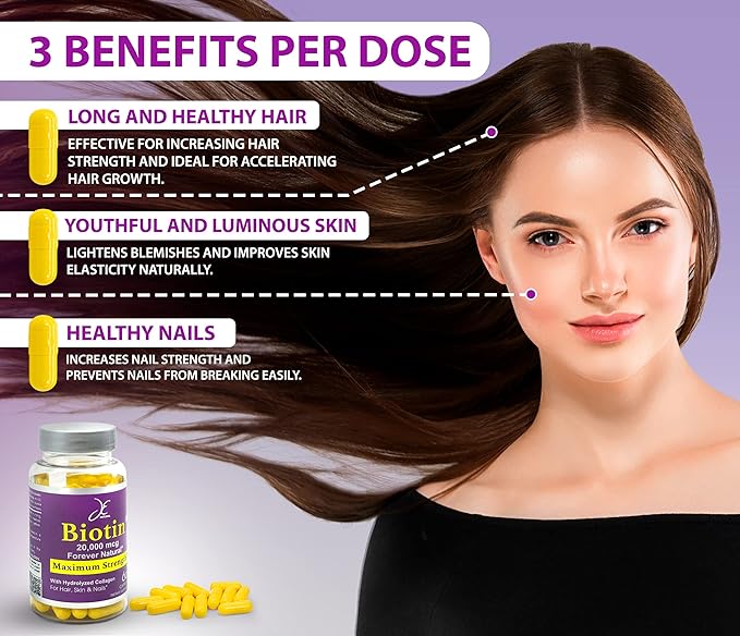 JE Natural Biotin Hair Skin and Nails Vitamins Vitamin C Biotin and Collagen Supplements That Make Hair Grow Faster and Longer for All Ages 60 Capsules of Biotin 20000mcg Maximum Strength.