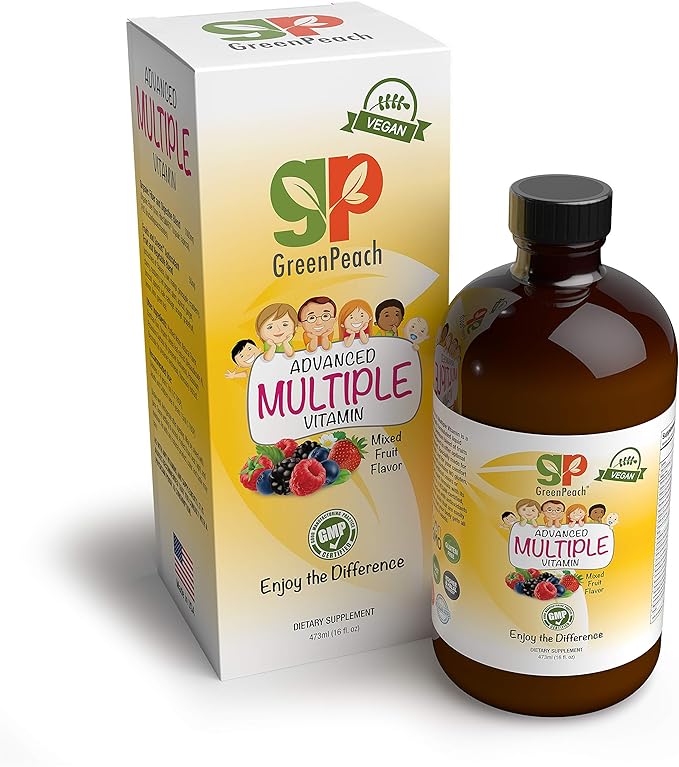 GreenPeach Multivitamin for Kids Vitamin Supplements – 31 Vegan Vitamins &amp Minerals with 20 Fruit &amp Veggie Extracts | No Added Sugar Gluten-Free Vegan Formula