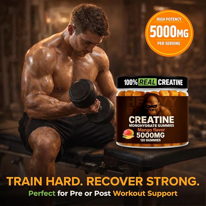 Creatine Monohydrate Gummies 5g Sugar Free Creatine with Vitamin B12 and L-Taurine | Muscle Growth for Men and Women | Low Calorie Formula 120 Gummies for 30 Servings Mango