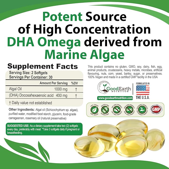 Algal Oil - Vegan DHA Omega 3 Fish Oil Supplements - Brain BoosterSupplement &amp Prenatal Vitamin -Provides Healthy Heart &amp Immune Support - Burpless Algae Supplement - 60 Mini Fish Softgels