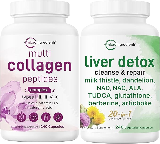 Micro Ingredients Multi Collagen Complex &amp Liver Detox Bundle 2 Pack | 5 Collagen Peptides with Hyaluronic Acid Vitamin C &amp Biotin | 20-in-1 Advanced Formula with Milk Thistle Dandelion &am