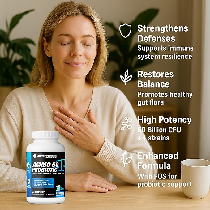 Ammo 60 Probiotic – 60 Billion CFU 4 Targeted Strains + FOS Prebiotic – Supports Digestive Balance &amp Boost Immune System – Daily Probiotic Supplement