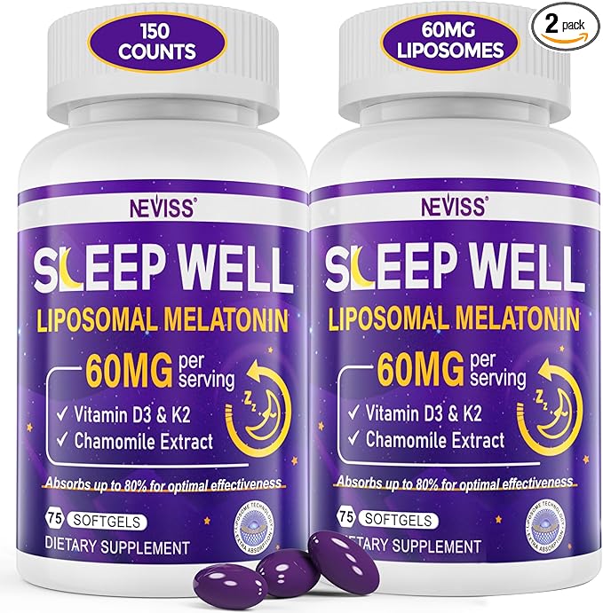 Melatonin 60mg for Adults High Dose Supports Deep Rest &amp Brain Cognition Extra Strength Liposomal Melatonin with Vitamin D3 K2 Chamomile for Sound Zzz Cycle Immune &amp Antioxidant 150 Soft