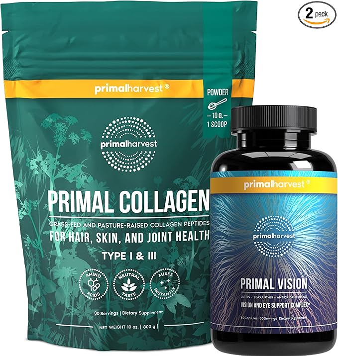 Primal Harvest Collagen Powder &amp Vision Supplements for Women and Men Vision and Eye Support Complex with Lutein Zeaxanthin Bundle