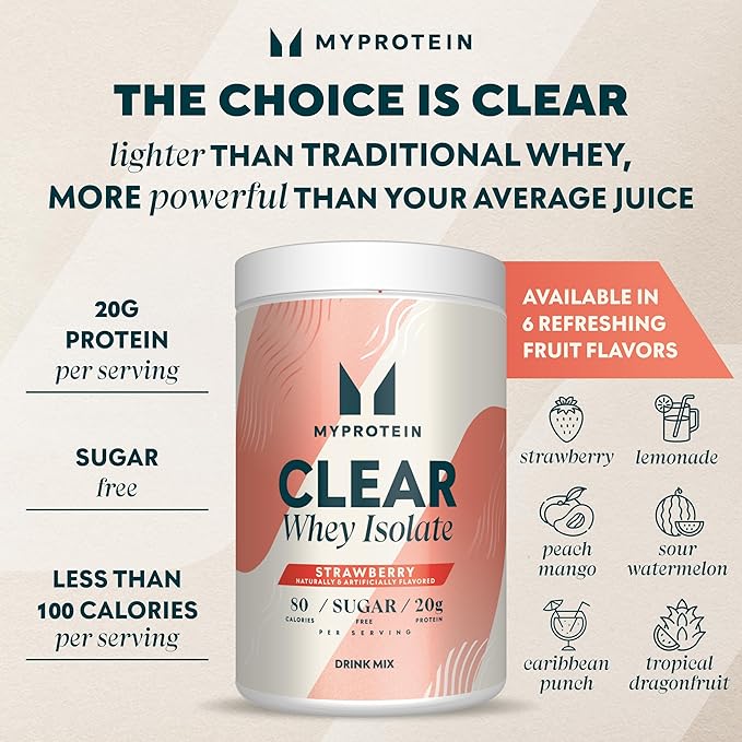 Myprotein Clear Whey Isolate Protein Powder 20 Servings (1.1lbs) Strawberry 20g Protein per Serving Naturally Flavored Drink Mix Daily Protein Intake for Superior Performance