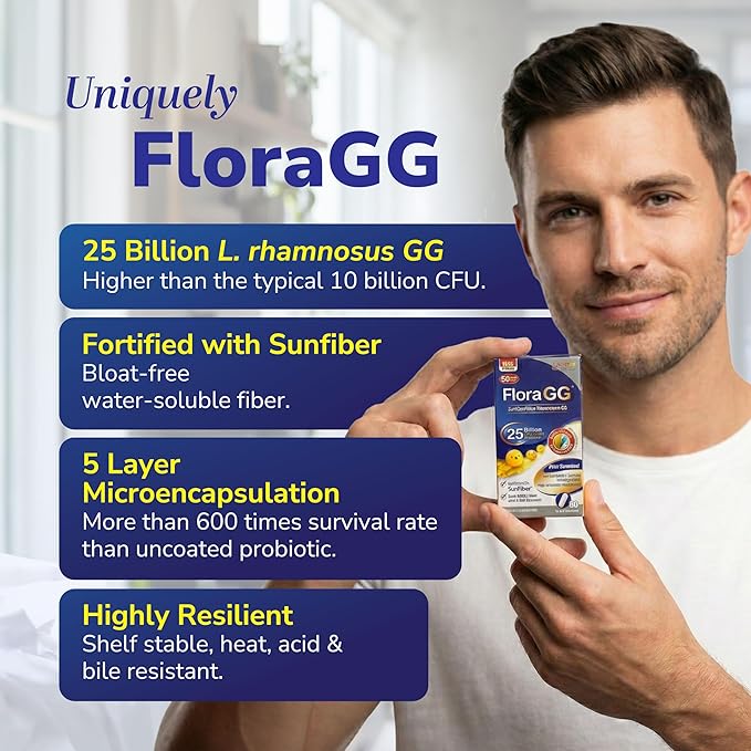 LABO Nutrition FloraGG Lactobacillus Rhamnosus LGG 25 Billion CFU Daily (LGG Probiotic with Sunfiber) 5-Layer Microencapsulated L. Rhamnosus Supplement | Digestion &amp Immune Support | 60 Capsules x