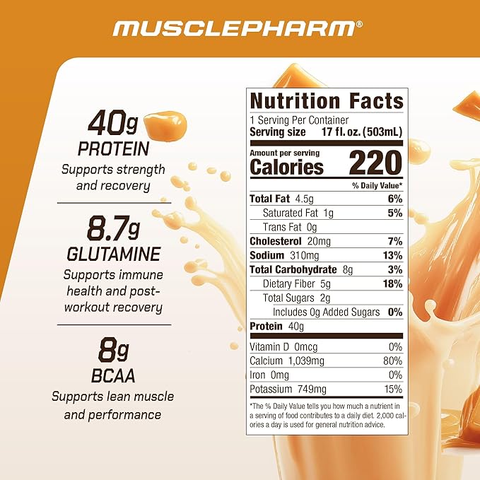 MusclePharm Combat Ready High Protein Shakes Ready to Drink 40g Protein 8g BCAAs 8.7g Glutamine 5g Fiber No Added Sugar Gluten Free Salted Caramel 17 Fl Oz (Pack of 12)