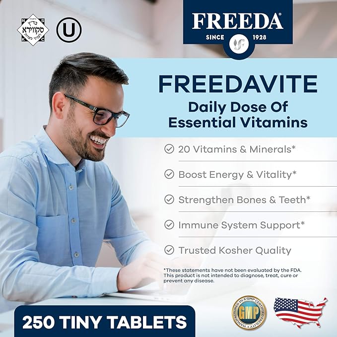 Freedavite Tiny Tablet - Moderate Multivitamin for Men and Women - Pure Vitamin A C D E B1 B2 B6 B12 Biotin Calcium Zinc Iron Magnesium Manganese Copper Selenium Iodine - 250 Count
