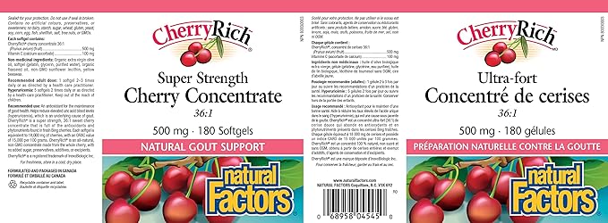 CherryRich by Natural Factors Super Strength Cherry Concentrate Antioxidant Support for Healthy Joints and Uric Acid Metabolism 180 softgels (180 servings)