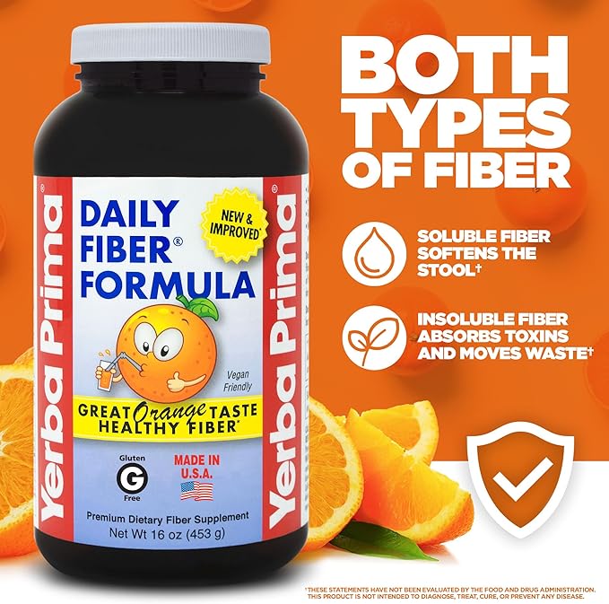 Yerba Prima Daily Fiber Formula 16 oz (Pack of 2) - Premium Dietary Fiber Supplement Non-GMO Gluten Free Made in The USA Orange Flavor