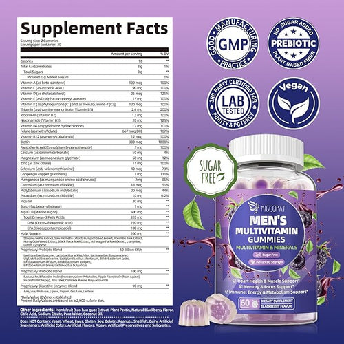 2-Pack Multivitamin for Men Mens Multivitamins Gummies w/Omega-3 Probiotics Inositol Folate Male Support Blend Vitamins A C D E B - Support Heart Brain Muscle Energy Sugar-Free Gummy