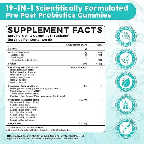 (180 Count) Probiotic Gummies 19 in 1 Prebiotics Postbiotic Probiotic Gummies 100 Billion CFU Probiotics for Women Men Complete Immune Gut &amp Digestive Support* Sugar Free Vegan