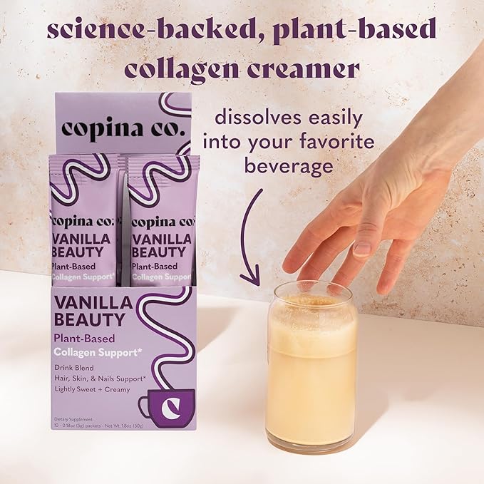 Copina Co. Vanilla Beauty Vegan Collagen Booster Creamer: Plant Based Collagen Support Smoothie Drink Vegan Blend Variety Pack | Vanilla Flavor | 10 Individual Stick Packs per Carton