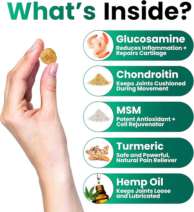 Hemp Hip and Joint Supplement for Dogs - Glucosamine for Dogs - 170 Joint Pain Relief Treats - Chondroitin MSM Hemp Oil - Advanced Health Supplement - Mobility Support Chews - Made in USA