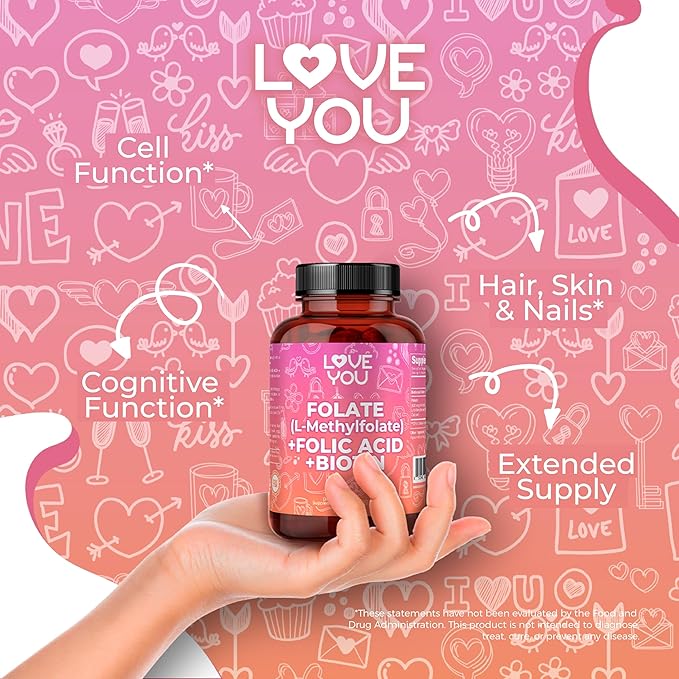 Love You Folate (L-Methylfolate) + Folic Acid + Biotin 10000 mcg - Vitamin B9 &amp B7 Blend for Cellular Function Energy &amp Wellbeing - 120 Vegan Caps