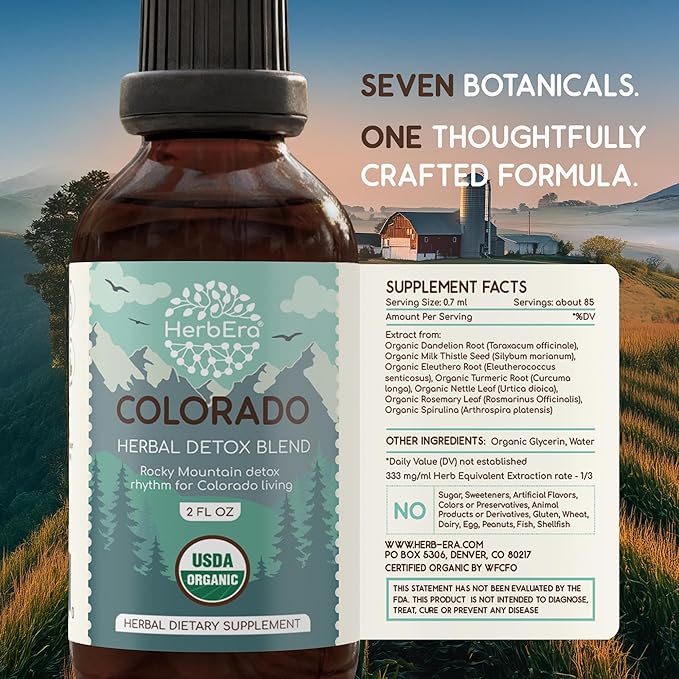 HerbEra Colorado Herbal Detox Blend - USDA Organic Extract Made in USA | Immune &amp Liver Support Liquid Drops | Dandelion Root Eleuthero Milk Thistle Turmeric Rosemary | 2 fl oz
