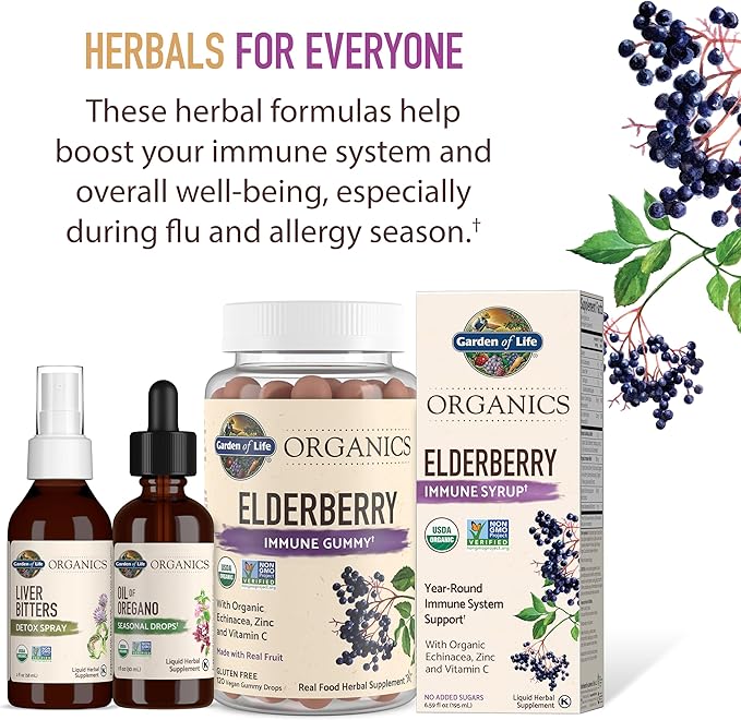 Garden of Life Organics Elderberry Gummies for Adults &amp Kids - Immune Support Supplement with Organic Fruit Herbal Blend Elderberry Echinacea Zinc Vitamin C 120 Vegan Gluten Free Gummies