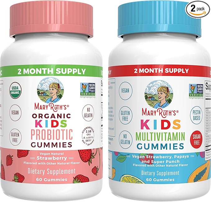 MaryRuth Organics Multivitamin and Probiotic Gummies (Strawberry) for Kids | Clean Label Project Verified® | Vitamins for Gut Health Immunity &amp Overall Wellness | Vegan Non-GMO Gluten Free