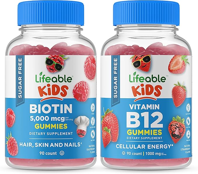 Lifeable Sugar Free Biotin Kids + Vitamin B12 Kids Gummies Bundle - Great Tasting Vitamin Supplement Gluten Free GMO Free Chewable Gummy