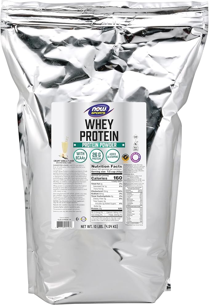 NOW Foods Sports Nutrition Whey Protein 26 G With BCAAs Creamy Vanilla Powder 10-Pound