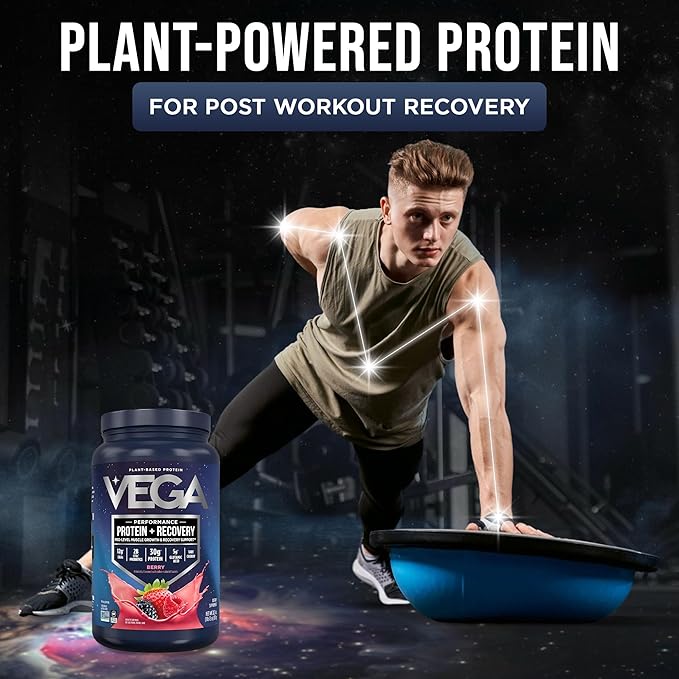 Vega Sport Vegan Protein Powder + Recovery - 30g Plant Based Protein per Serving Berry 19 Servings 5g BCAAs Probiotics NSF Certified for Shakes &amp Smoothies 1.8lbs (Packaging May Vary)