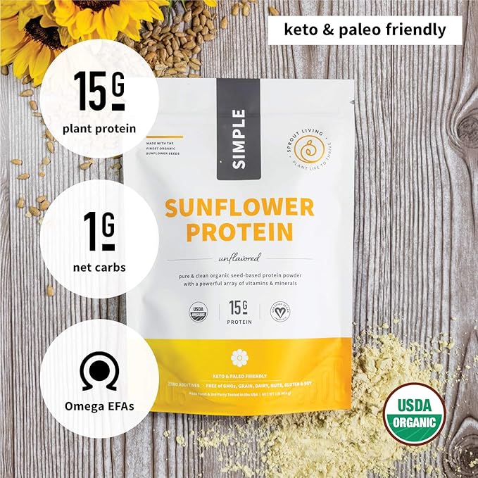 Sprout Living Simple Sunflower Seed Protein Powder 15 Grams Organic Plant Based Protein Powder Without Artificial Sweeteners Non Dairy Non-GMO Vegan Gluten Free Keto Drink Mix (1 Pound)