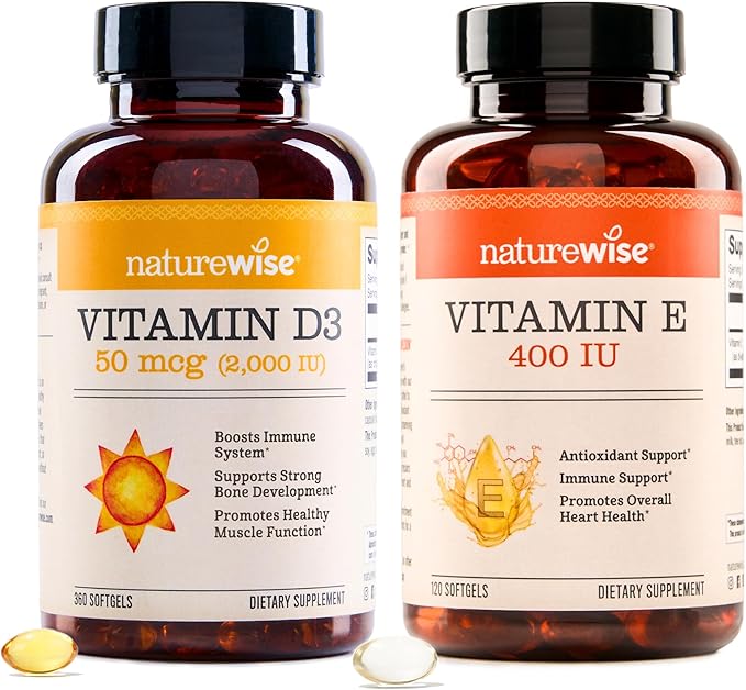 NatureWise Vitamin D3 2000IU (125mg) 360 Count + Vitamin E 400 IU (180mg DL-Alpha) 120 Count - Bundle for Immune Bone Heart Health Support - Gluten Free Non-GMO Halal Gelatin