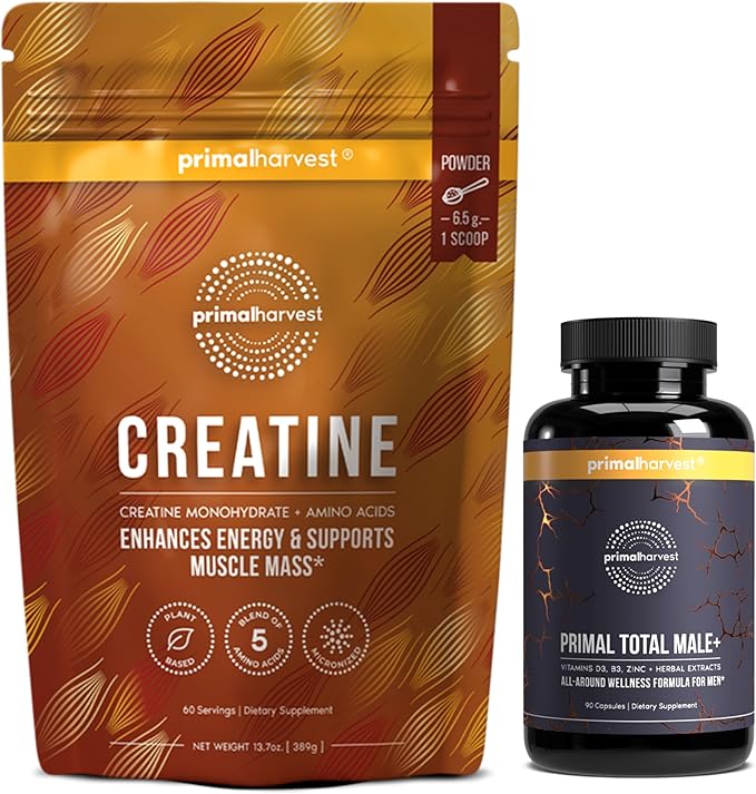Primal Creatine Powder + Total Male+ Supplement Bundle | 2-Pack | Strength Energy &amp Vitality Support | 30 Servings Each