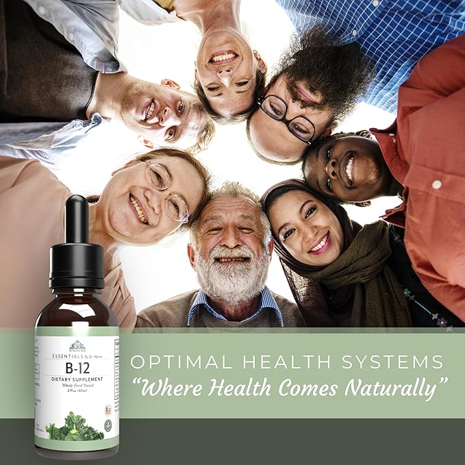 Optimal Health Systems Essential B-12 Drops | Whole Food B-12 for Energy Red Blood Cell &amp Cognitive Support | Potent Vegetarian Gluten Free Non-GMO – 60 mL