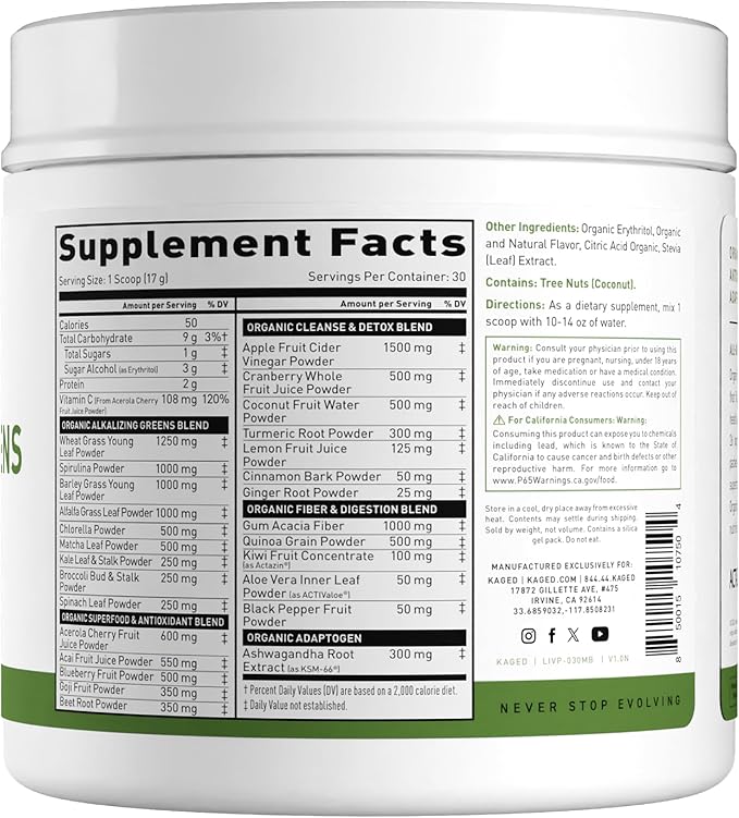 Kaged Organic Greens Superfood Powder Outlive100 Berry Supergreens Apple Cider Vinegar Ashwagandha 30 Servings