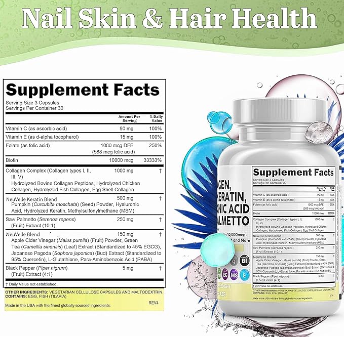 16 in 1 Collagen Supplement - Peptides Types IIIIII &amp V with Biotin Keratin Hyaluronic Acid Saw Palmetto Vitamins C &amp E Apple Cider Vinegar &amp PABA - Nail Skin &amp Hair Health Supp