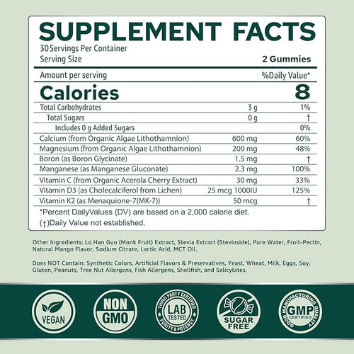 (2 Pack) Calcium Gummies for Women Sugar Free Calcium Supplement from Sustainable Algae (3rd Party Tested) with Vitamin D3 K2 C Zinc Boron Manganese for Bone Strength Calcium Absoption Vegan