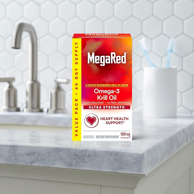 MegaRed Ultra Strength 1000mg Omega-3 Krill Oil Supplement with EPA/DHA Astaxanthin &amp Phospholipids No Fish Oil Aftertaste Supports Heart Brain Joint and Eye Health 60 Count Softgels.