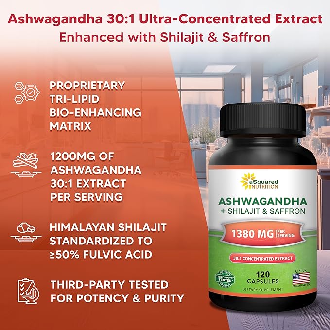 aSquared Nutrition Ashwagandha Supplements for Men &amp Women + Shilajit &amp Saffron - 120 Capsules - Pure Root Powder Complex - Pills Alternative to Gummies &amp Drops