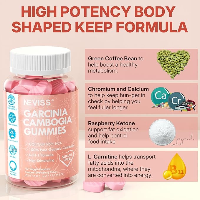 Sugar Free Garcinia Cambogia Gummies 1000mg 95% HCA Pure Extract with L-Carnitine Raspberry Ketone Chromium Green Coffee Bean for Metabolism 100% Organic Extract Vegan Strawberry Flavor 60 Cts