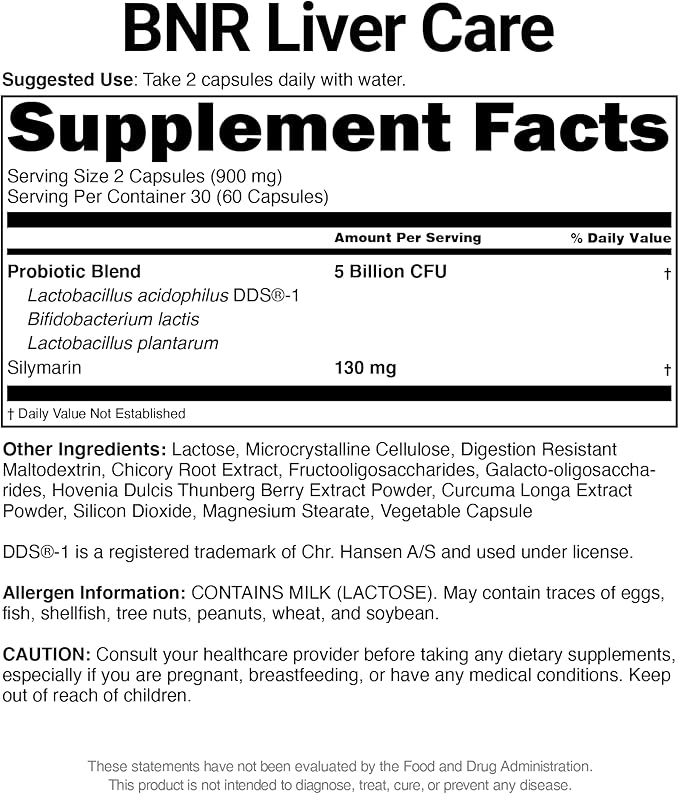 Bnr Liver Care Milk Thistle Probiotics and Prebiotics Silymarin Liver and Digestive Support 5 Billion CFU Guaranteed 60 Capsules
