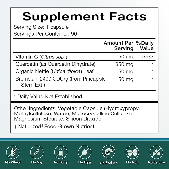 Natura Health Products Quercetin Plus Supplement - Modulates Healthy Immune and histamine Response - Featuring Bromelain Vitamin C Nettle Leaf &amp Quercetin (90 Capsules)