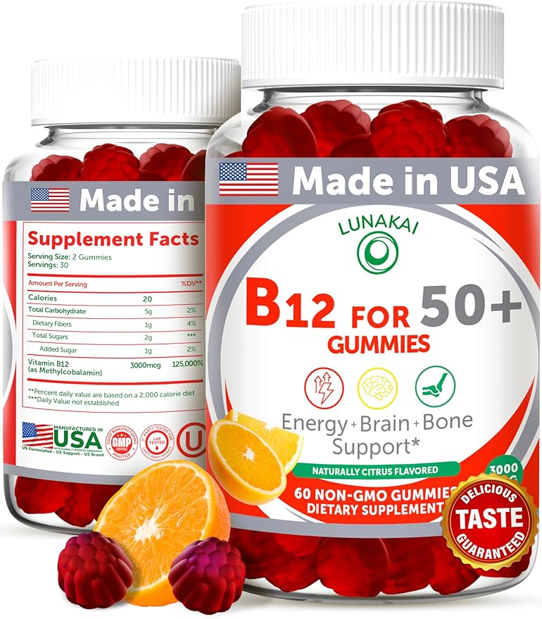 Lunakai USA Made Vitamin B12 Gummies for Adults 50+ Non-GMO B12 for Energy &amp Vitality Boost Delicious Orange Flavor 60ct