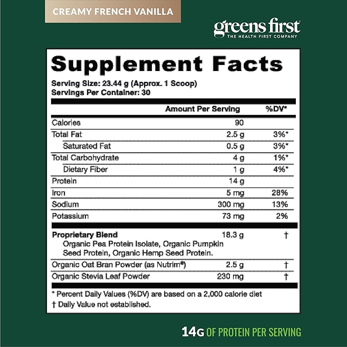 Greens First Dream Protein Plant-Based Vegan Powder - USDA Organic Pumpkin Hemp &amp Pea Protein - Gluten-Free Non-GMO No Added Sugar (Creamy French Vanilla 24.8 oz)